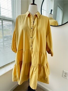 Free People Sunflower Yellow Button-Up Tiered Dress